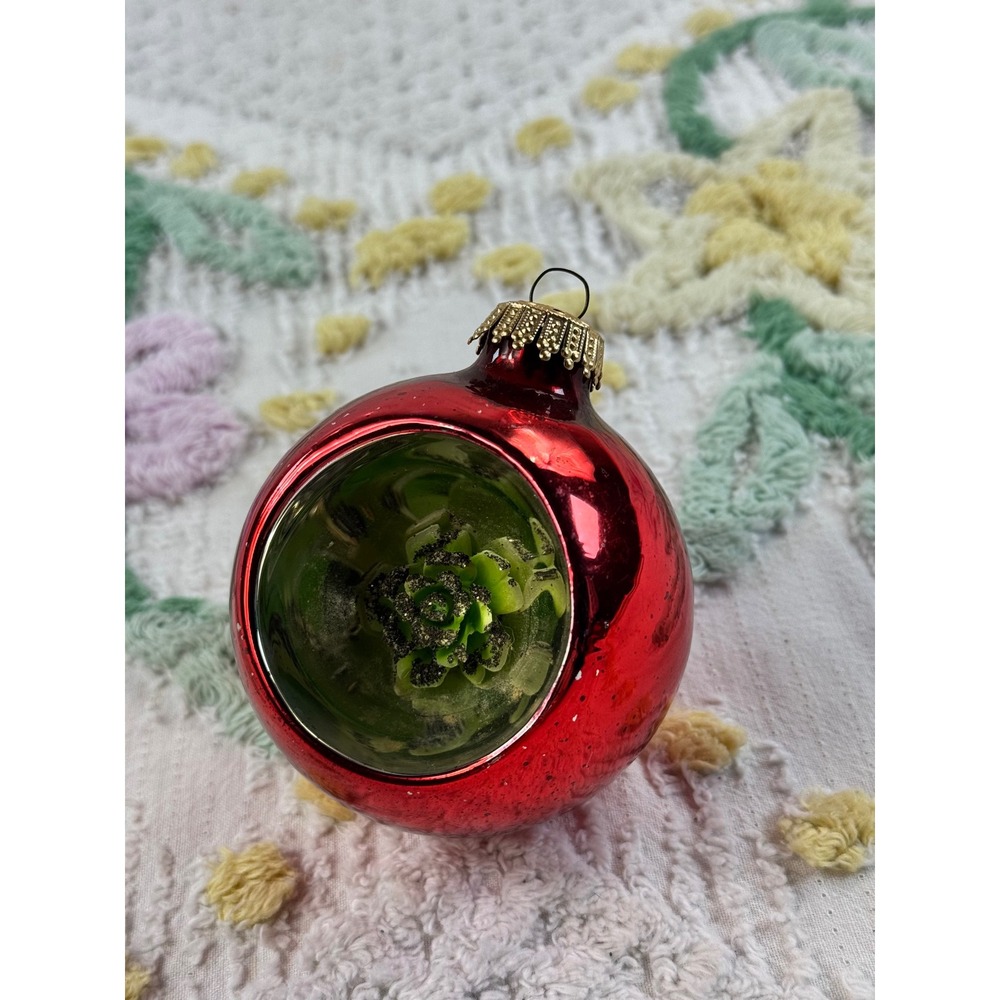 Vintage West Germany Red Mercury Glass Christmas Ornament Flower Indent Glitter